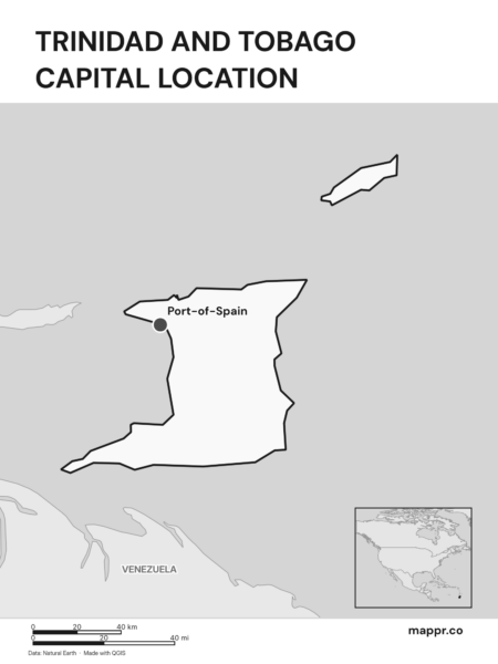 Detailed map pinpointing Port-of-Spain, the capital of Trinidad and Tobago (black and white).