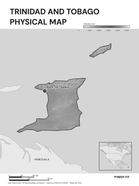 Map featuring Port-of-Spain, the capital of Trinidad and Tobago, with rich topographical detail (black and white).