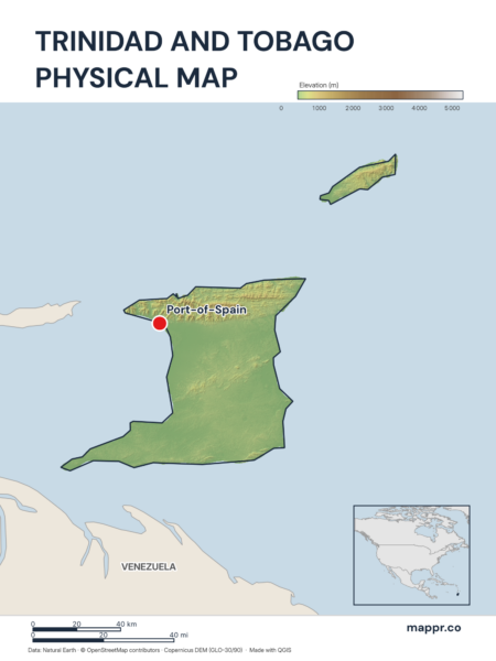 Map featuring Port-of-Spain, the capital of Trinidad and Tobago, with rich topographical detail.