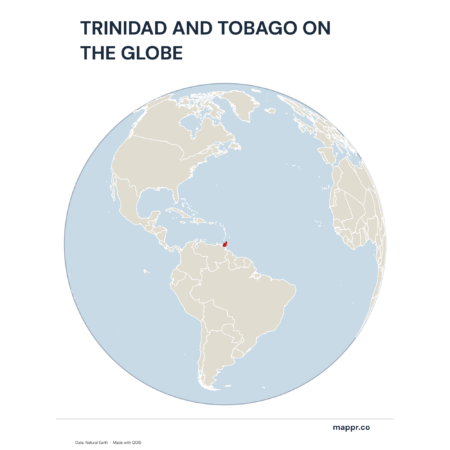 A map highlighting Trinidad and Tobago's location on a globe, marked with a red outline.