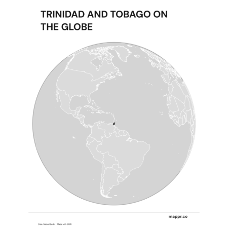 A map highlighting Trinidad and Tobago's location on a globe, marked with a red outline (black and white).