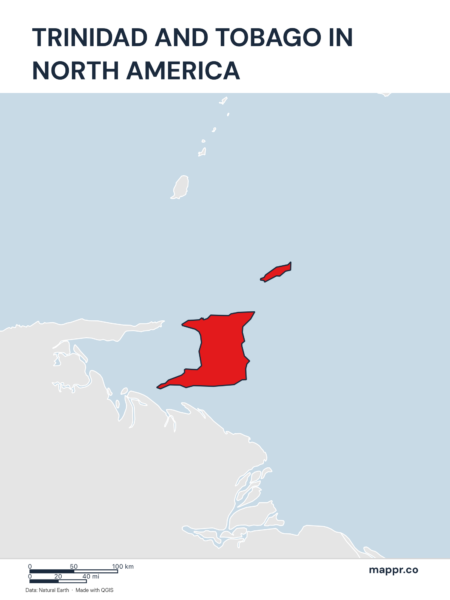 A map highlighting Trinidad and Tobago's location on the north american continent.