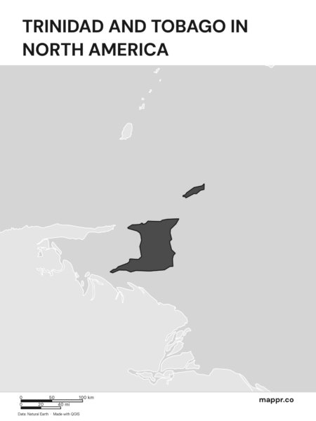 A map highlighting Trinidad and Tobago's location on the north american continent (black and white).