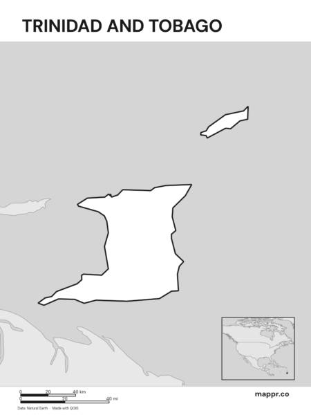Outline map of Trinidad and Tobago with detailed country borders (black and white).