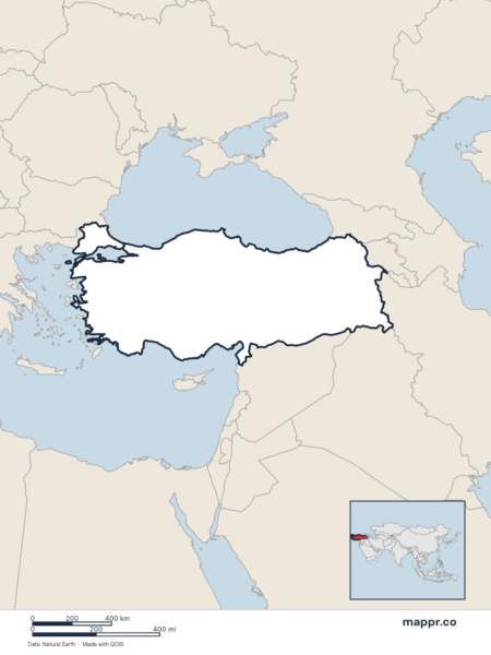 Blank political map of Turkey showing its international borders without labels.