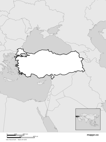 Blank political map of Turkey showing its international borders without labels (black and white).