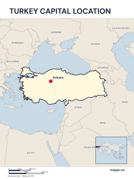Detailed map pinpointing Ankara, the capital of Turkey.
