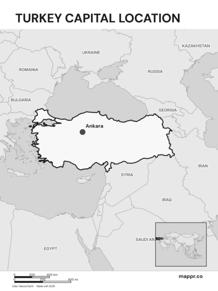 Detailed map pinpointing Ankara, the capital of Turkey (black and white).