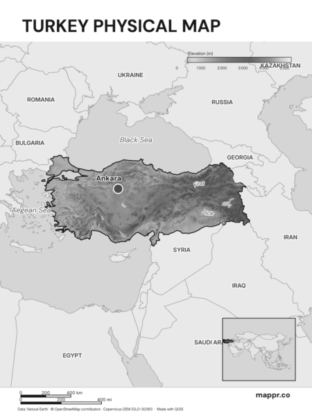 Map featuring Ankara, the capital of Turkey, with rich topographical detail (black and white).