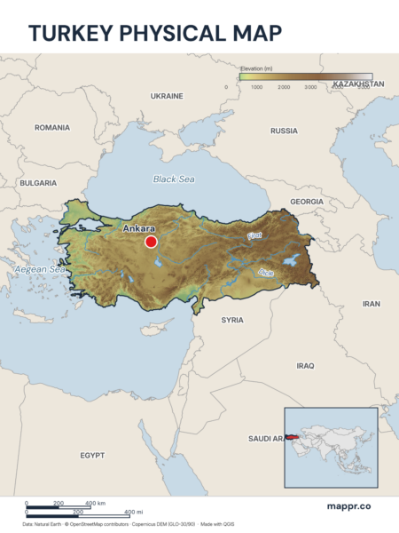 Map featuring Ankara, the capital of Turkey, with rich topographical detail.