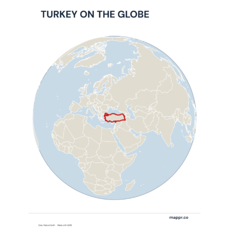 A map highlighting Turkey's location on a globe, marked with a red outline.