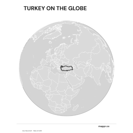 A map highlighting Turkey's location on a globe, marked with a red outline (black and white).