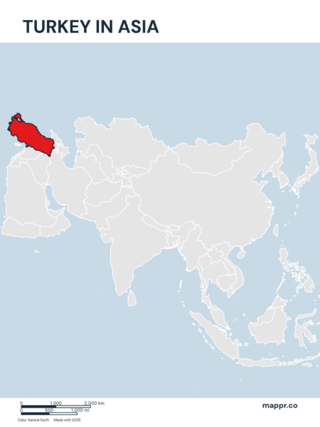 A map highlighting Turkey's location on the asian continent.