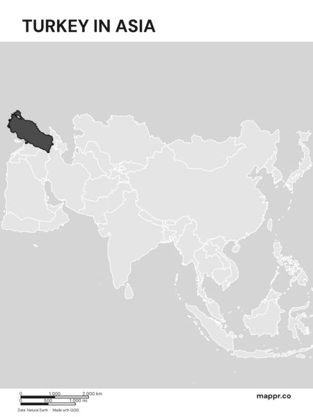 A map highlighting Turkey's location on the asian continent (black and white).