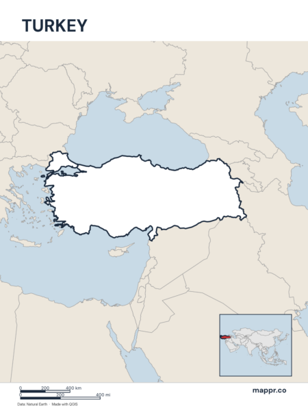 Outline map of Turkey with detailed country borders, showcasing its geographical shape.