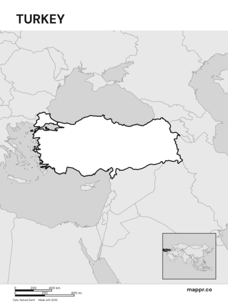 Outline map of Turkey with detailed country borders, showcasing its geographical shape (black and white).