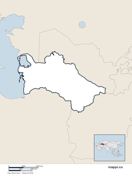 Blank political map of Turkmenistan showing its international borders without labels.