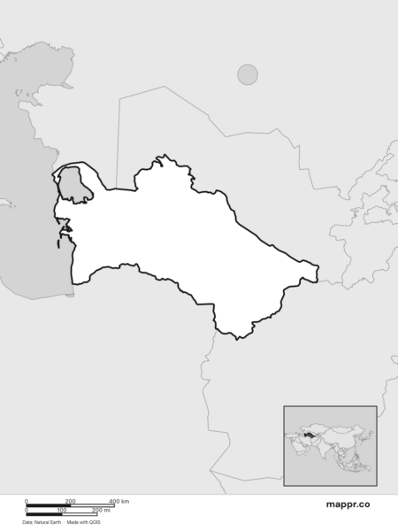 Blank political map of Turkmenistan showing its international borders without labels (black and white).