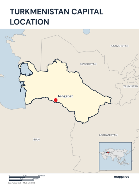 Detailed map pinpointing Ashgabat, the capital of Turkmenistan.