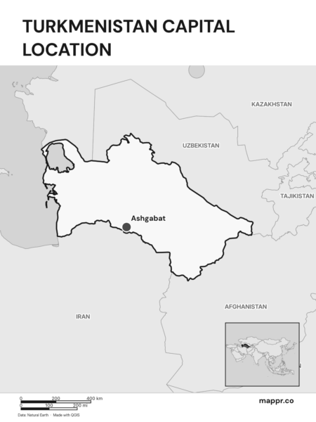 Detailed map pinpointing Ashgabat, the capital of Turkmenistan (black and white).