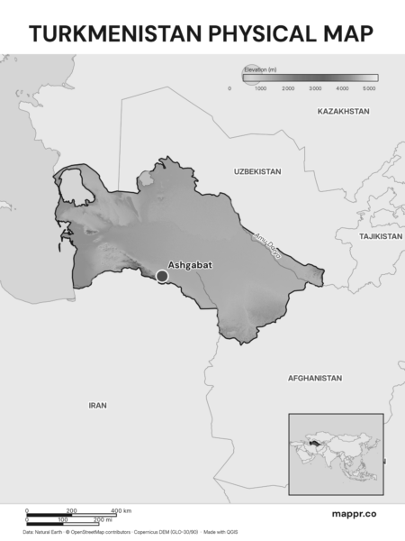 Map featuring Ashgabat, the capital of Turkmenistan, with rich topographical detail (black and white).