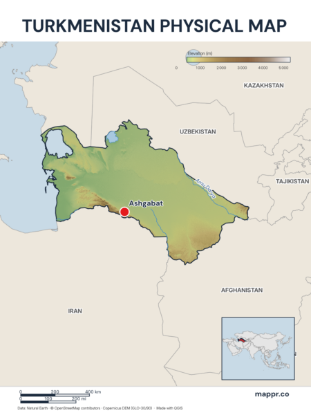 Map featuring Ashgabat, the capital of Turkmenistan, with rich topographical detail.