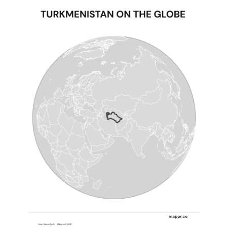 A map highlighting Turkmenistan's location on a globe, marked with a red outline (black and white).