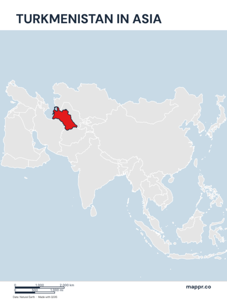 A map highlighting Turkmenistan's location on the asian continent.