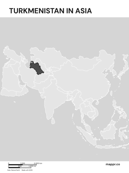 A map highlighting Turkmenistan's location on the asian continent (black and white).