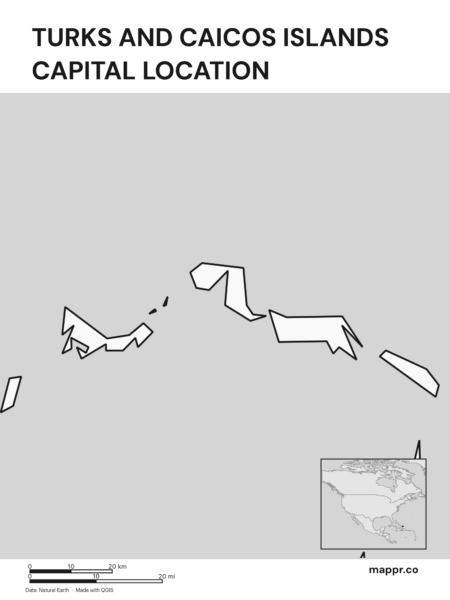 Detailed map pinpointing Cockburn Town, the capital of Turks and Caicos Islands (black and white).