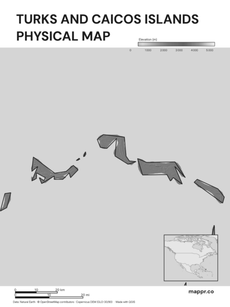 Map featuring Cockburn Town, the capital of Turks and Caicos Islands, with rich topographical detail (black and white).