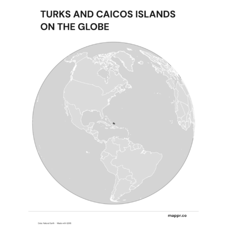 A map highlighting Turks and Caicos Islands's location on a globe, marked with a red outline (black and white).