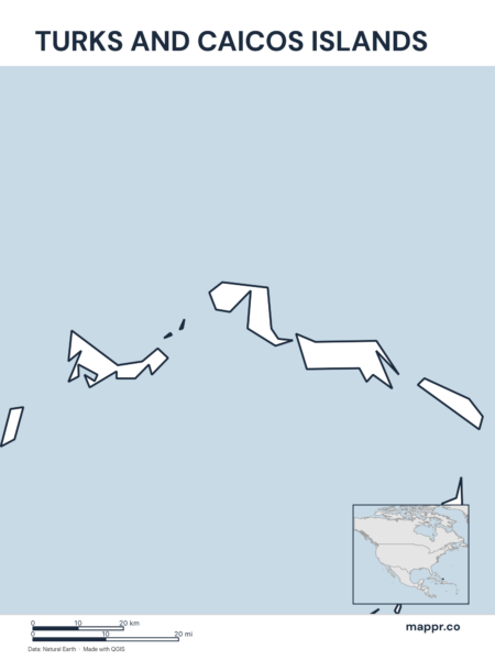 Outline map of Turks and Caicos Islands with detailed country borders.