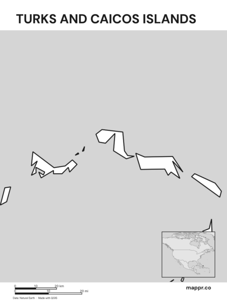 Outline map of Turks and Caicos Islands with detailed country borders (black and white).