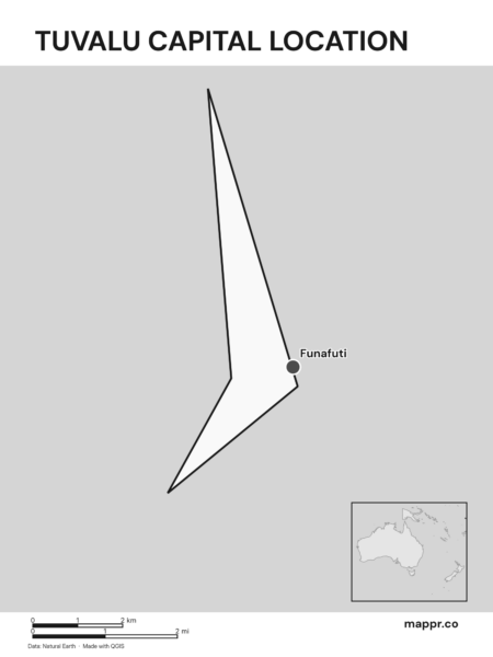 Detailed map pinpointing Funafuti, the capital of Tuvalu (black and white).
