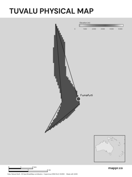 Map featuring Funafuti, the capital of Tuvalu, with rich topographical detail (black and white).
