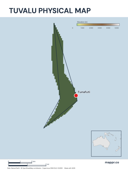 Map featuring Funafuti, the capital of Tuvalu, with rich topographical detail.