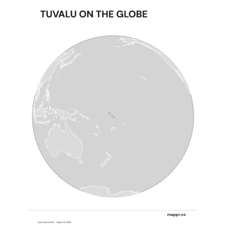 A map highlighting Tuvalu's location on a globe, marked with a red outline (black and white).