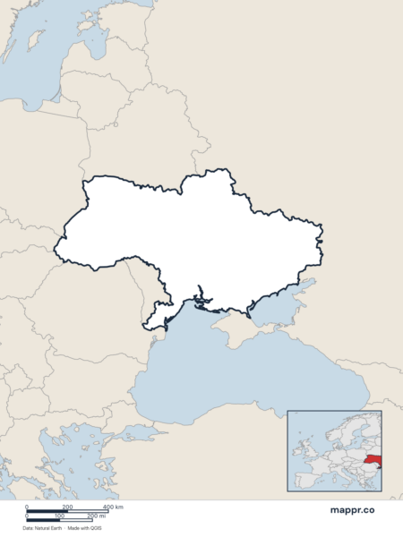 Blank political map of Ukraine showing its international borders without labels.