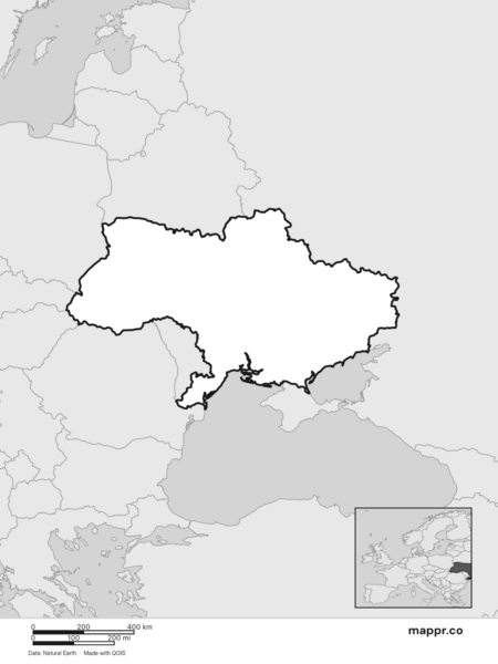 Blank political map of Ukraine showing its international borders without labels (black and white).