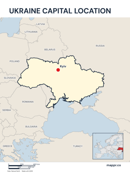 Detailed map pinpointing Kyiv, the capital of Ukraine.