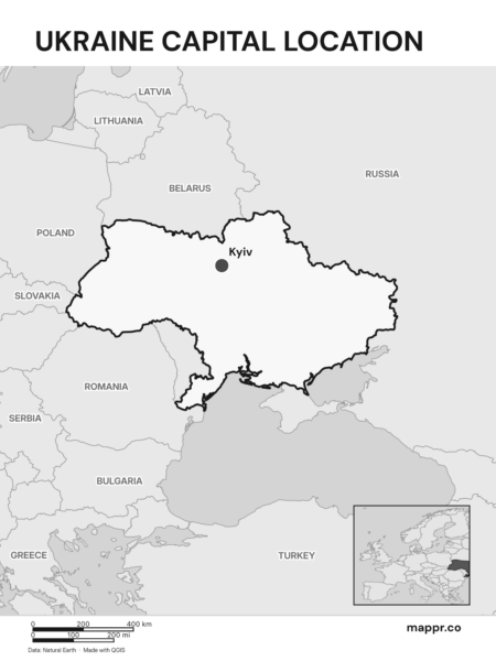 Detailed map pinpointing Kyiv, the capital of Ukraine (black and white).