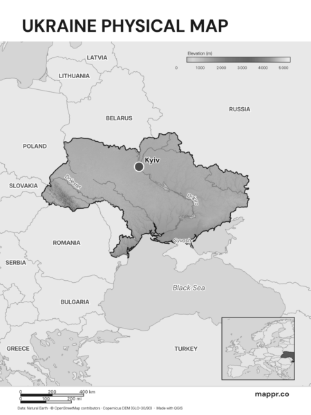 Map featuring Kyiv, the capital of Ukraine, with rich topographical detail (black and white).