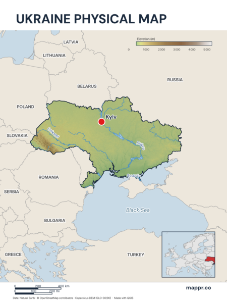 Map featuring Kyiv, the capital of Ukraine, with rich topographical detail.