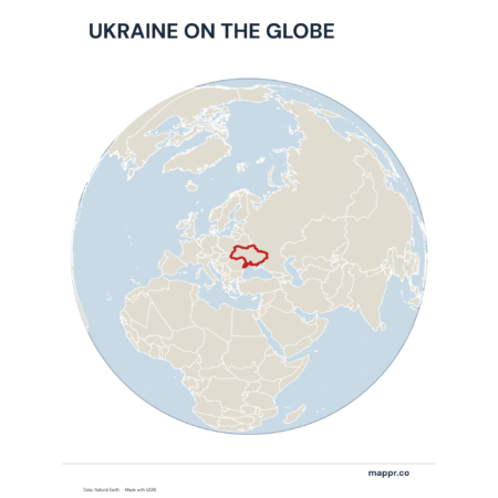 A map highlighting Ukraine's location on a globe, marked with a red outline.
