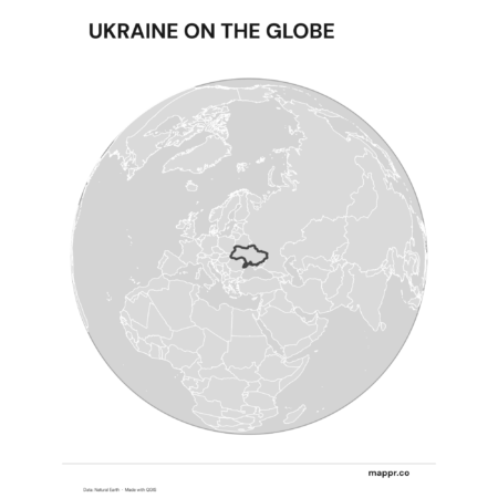 A map highlighting Ukraine's location on a globe, marked with a red outline (black and white).