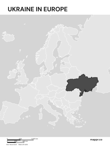 A map highlighting Ukraine's location on the european continent (black and white).