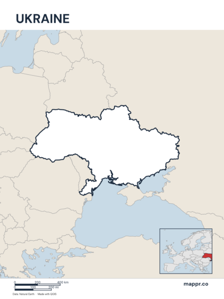 Outline map of Ukraine with detailed country borders.