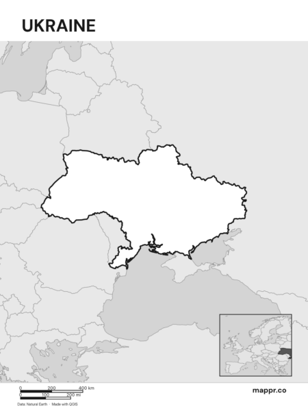 Outline map of Ukraine with detailed country borders (black and white).