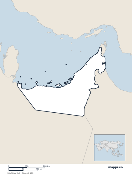 Blank political map of United Arab Emirates showing its international borders without labels.
